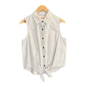 Lonestar snap up blue/white striped sleeveless top w/ tie front